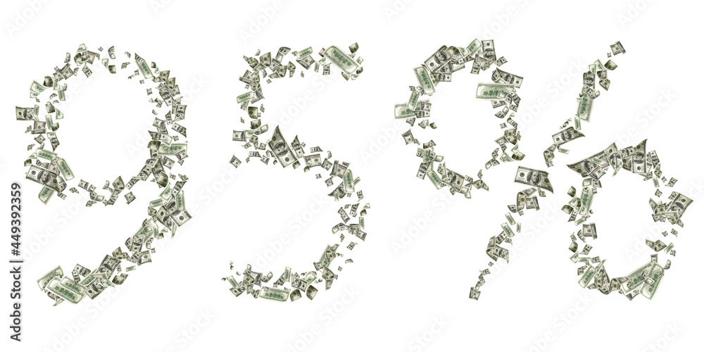 Dollar sign number 95. American money. Cash white background, us bill. Money falling.