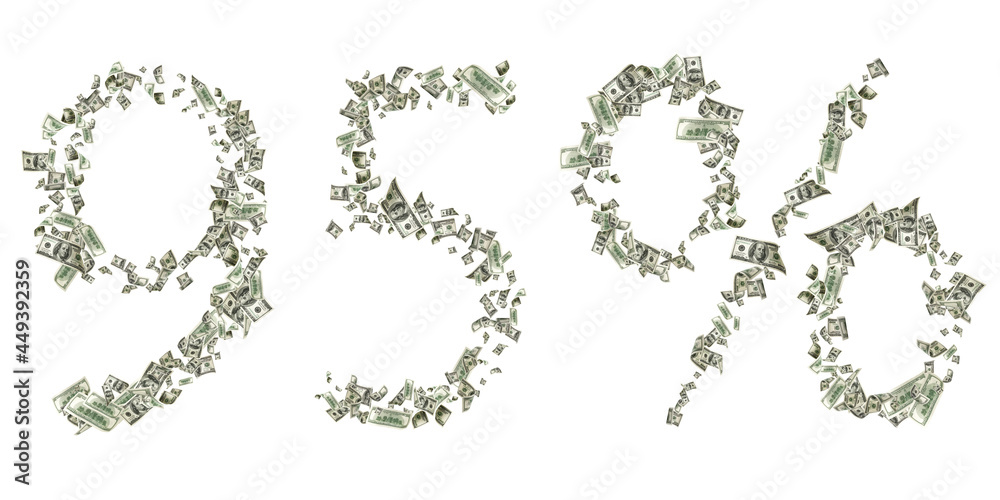Fototapeta premium Dollar sign number 95. American money. Cash white background, us bill. Money falling.