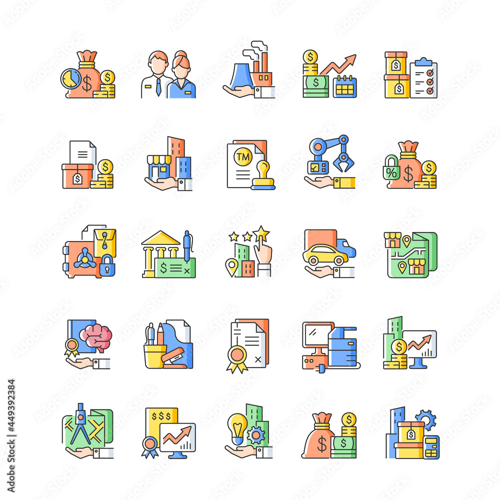 Business assets RGB color icons set. Company owned items. Resources for productivity, efficiency and revenue promotion. Isolated vector illustrations. Simple filled line drawings collection