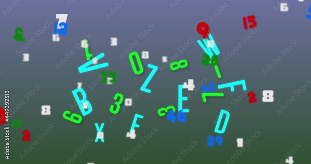 Digital image of multiple changing numbers and alphabets floating against blue background Digital image of multiple changing numbers and alphabets floating against blue background