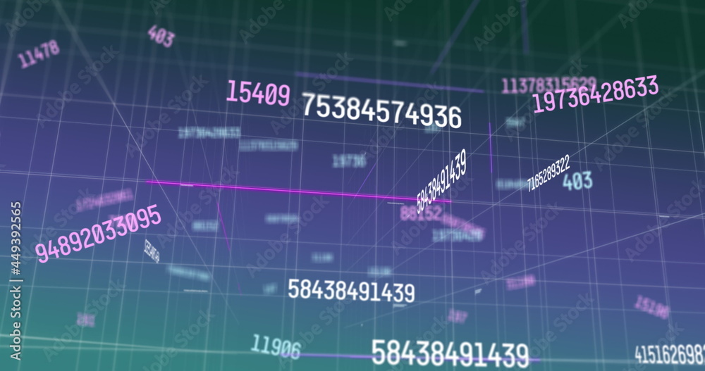 Digital image of multiple numbers against grid network on purple background