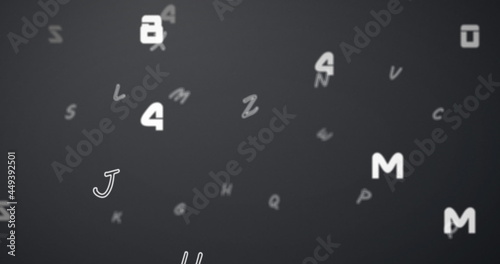 Digital image of multiple changing numbers and alphabets floating against grey background