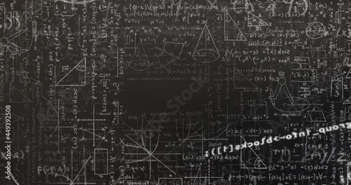 Digital image of data processing against mathematical equations on black background