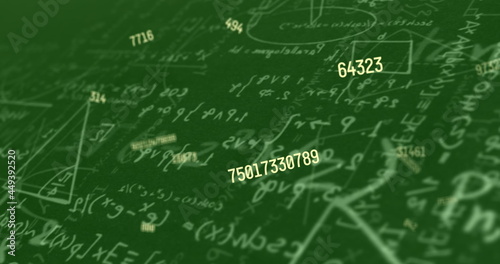 Digital image of multiple changing numbers floating against mathematical equations on green back