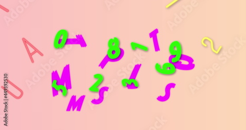 Digital image of multiple numbers and alphabets floating against pink background