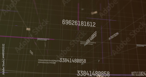 Digital image of multiple changing numbers floating against grid network on black background