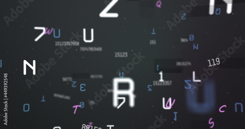 Digital image of multiple numbers and alphabets floating against black background