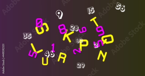 Digital image of multiple numbers and alphabets floating against purple background