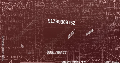 Digital image of multiple changing numbers against mathematical equations and diagrams floating 