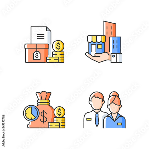 Building ownership RGB color icons set. Asset management. Account receivable. Short-term deposit. Business investment. Isolated vector illustrations. Simple filled line drawings collection