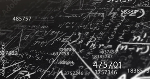Digital image of changing numbers against mathematical equations on black background