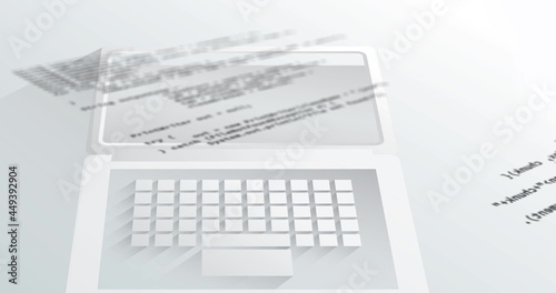 Digital image of computer data processing against laptop on white background