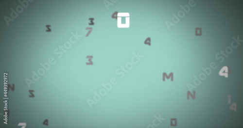 Digital image of changing numbers and alphabets floating against green background