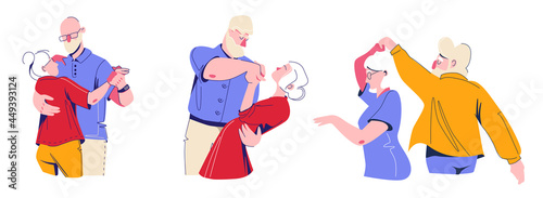 Set of illustration of romantic dance of two elderly people. Vector illustration in cartoon style isolated on white background.