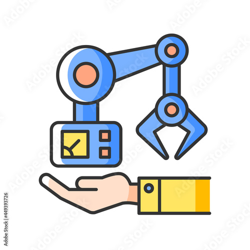 Machinery owning RGB color icon. Manufacturing robot arm. Hand holds mechanism. Industrial plant equipment. Artificial intelligence. Isolated vector illustration. Simple filled line drawing