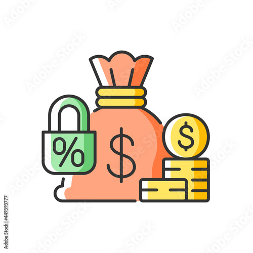 Fixed deposit RGB color icon. Low-risk financial instrument. Bag with cash and locked percent. Savings account. Money safety. Isolated vector illustration. Simple filled line drawing