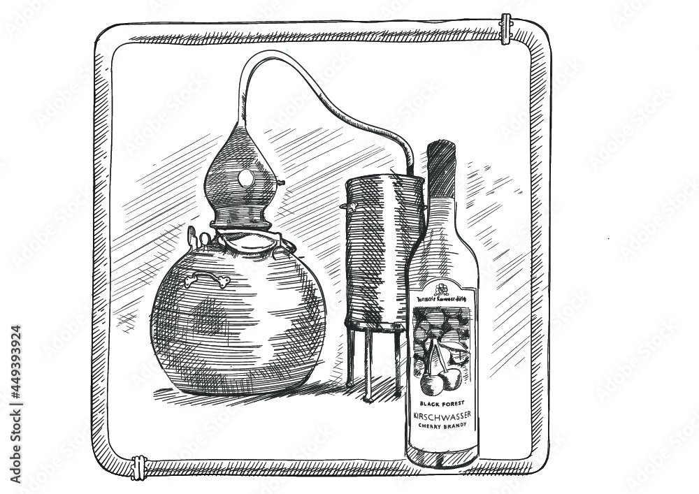 Sketch for Distiller Distilling Equipment for Vodka, Gin, Whisky, Brandy, Rum and other spirits with an alcohol bottle in font and a decorative frame!