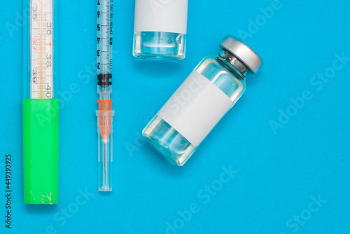 vaccine, medicine, vial, syringe for injection. Vaccination, treatment for coronavirus Covid 19.
