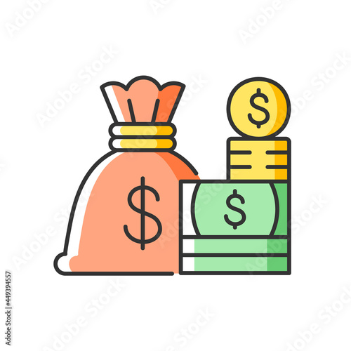 Cash RGB color icon. Money sack. Currency or coins for goods, debt or services exchange. Government bonds and bankers acceptances. Isolated vector illustration. Simple filled line drawing