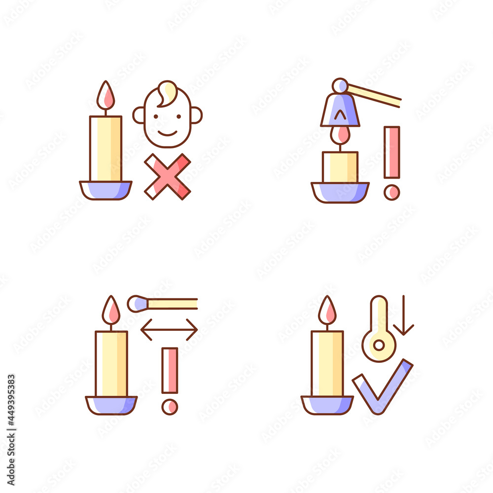 Burning candles safely RGB color manual label icons set. Use candle snuffer. Keep kids away. Isolated vector illustrations. Simple filled line drawings collection for product use instructions Burning candles safely RGB color manual label icons set. Use candle snuffer. Keep kids away. Isolated vector illustrations. Simple filled line drawings collection for product use instructions