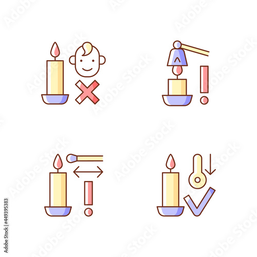 Burning candles safely RGB color manual label icons set. Use candle snuffer. Keep kids away. Isolated vector illustrations. Simple filled line drawings collection for product use instructions