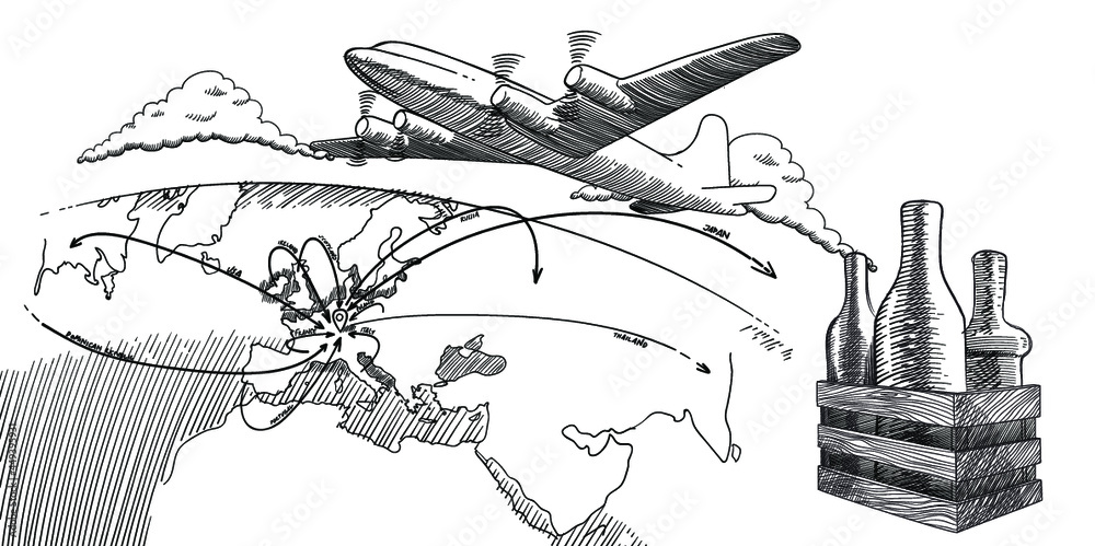 Map of a distillery importing Vodka, Gin, Whisky, Brandy, Rum from all over the world with a plane.