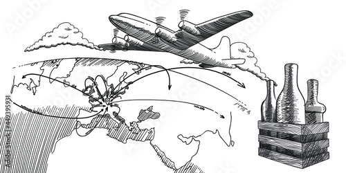 Obraz na płótnie Map of a distillery importing Vodka, Gin, Whisky, Brandy, Rum from all over the world with a plane. w salonie