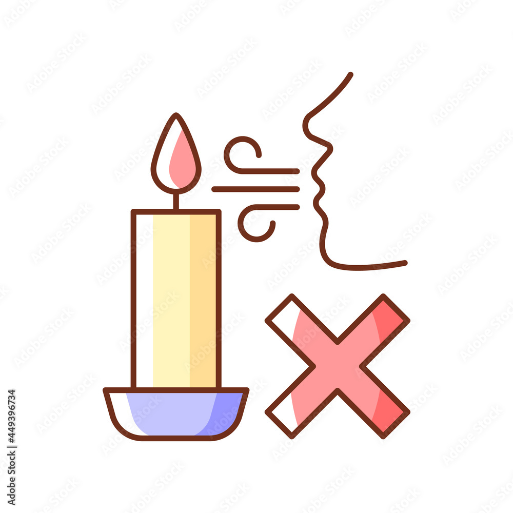 Never blow out candle flame RGB color manual label icon. Smoke and soot