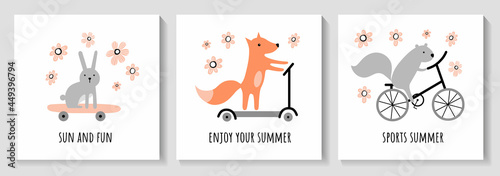A set of cute summer cards. Cute rabbit, squirrel, fox