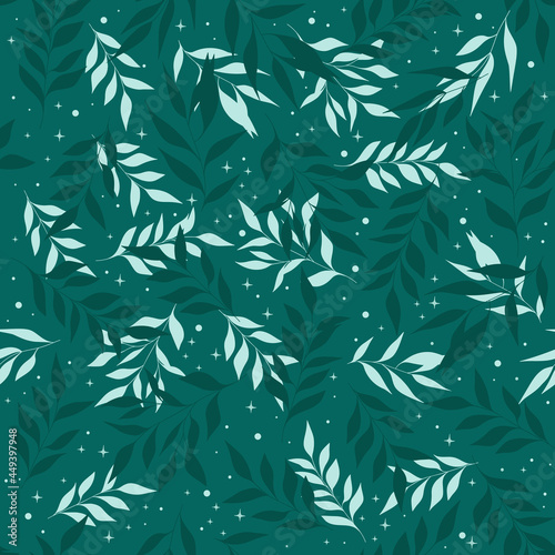 Seamless pattern with leaves, dots and stars.