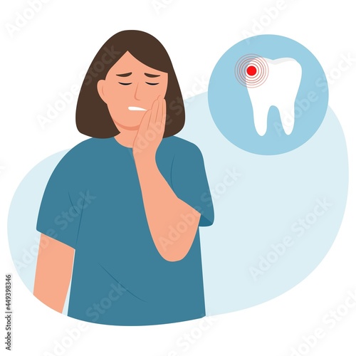 Tooth ache concept.Young female feeling pain, holding her cheek with hand, suffering from bad toothache. Woman with  painful expression.Caries. Severe tooth pain. Vector illustration 