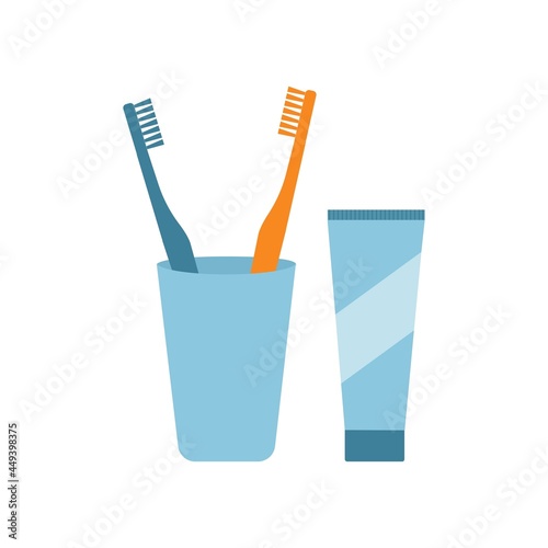 Two toothbrushes  in a  cup. Toothpaste.  Dental hygiene.Vector illustration in flat style on white background isolate.