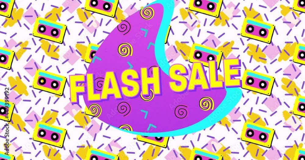 Flash sale text on purple banner against vhs tape icons in seamless pattern on white background Flash sale text on purple banner against vhs tape icons in seamless pattern on white background