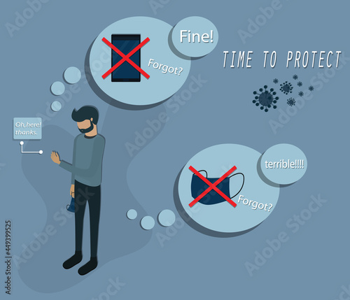 Flat of new human behavior concept, Young man and the new normal behavior - vector
