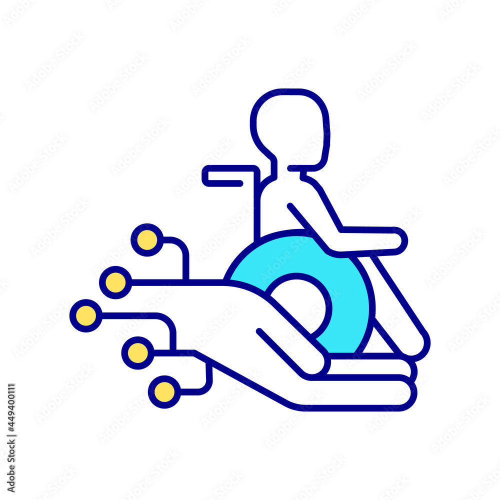 Person in wheelchair and hand of support RGB color icon. Healthcare smart sensors for disabled and elderly. Remote medical assistance. Isolated vector illustration. Simple filled line drawing Person in wheelchair and hand of support RGB color icon. Healthcare smart sensors for disabled and elderly. Remote medical assistance. Isolated vector illustration. Simple filled line drawing