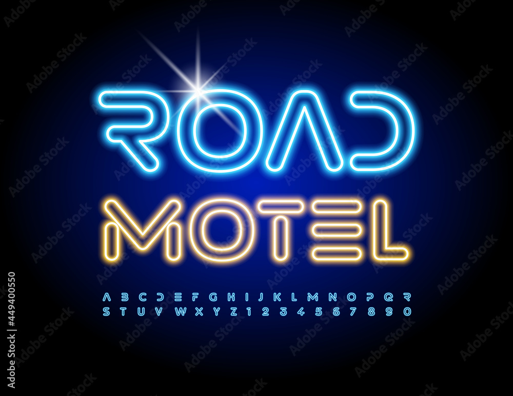 Vector neon sign Road Motel. Futuristic electric Font. Abstract style Alphabet Letters and Numbers