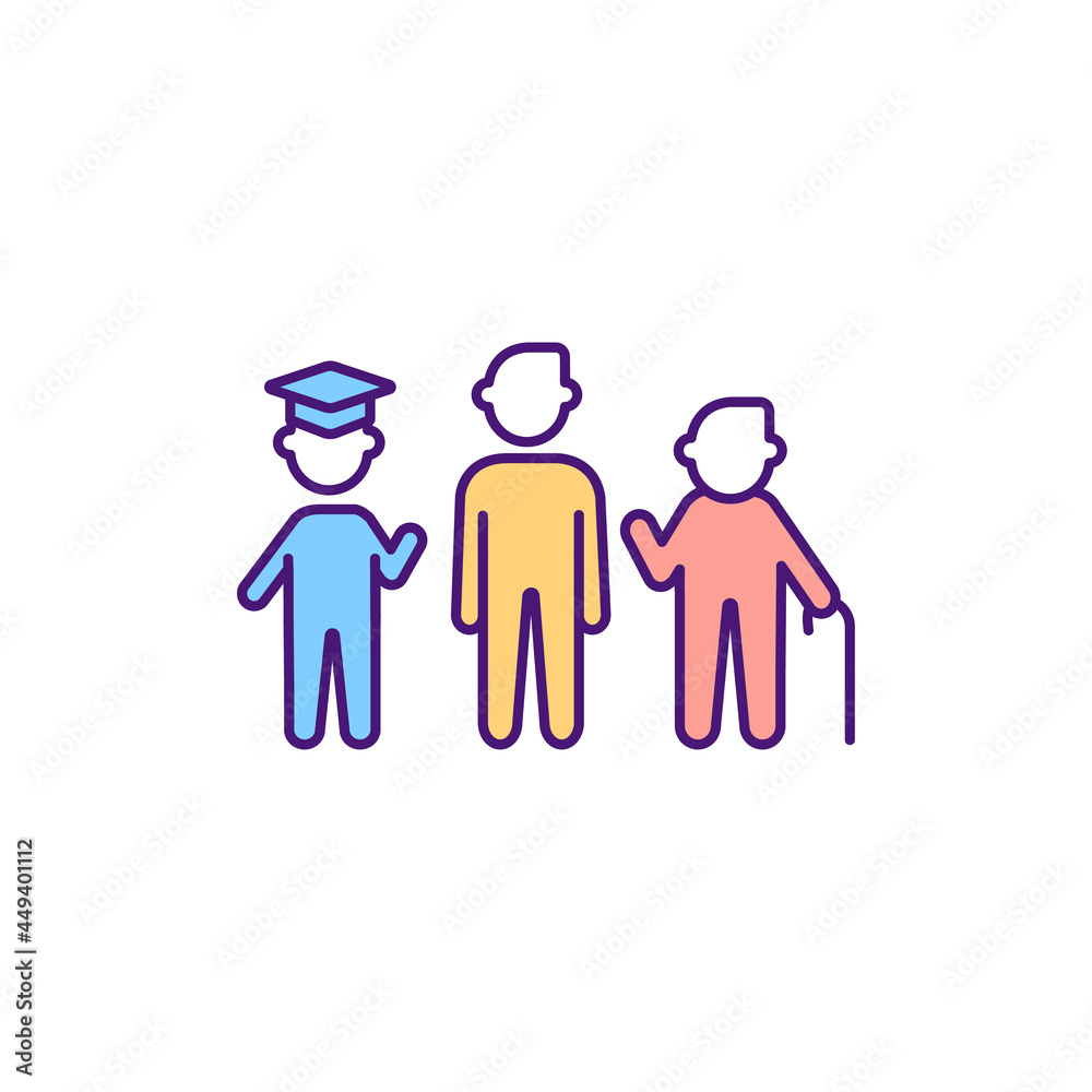 Stages of adulthood RGB color icon. Early, middle and late adult