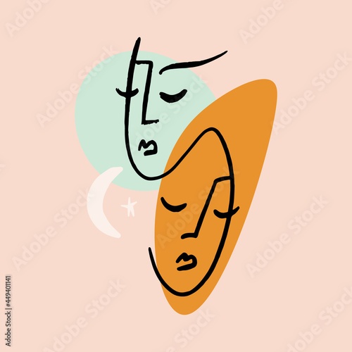 Modern abstract line art faces, minimalist twins line art.