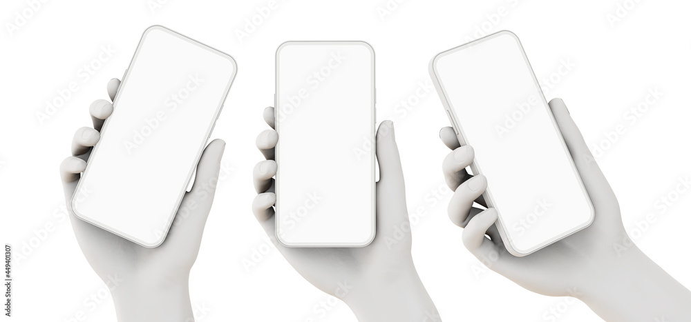 Hands are holding smartphones with blank screen - 3d rendered white ...
