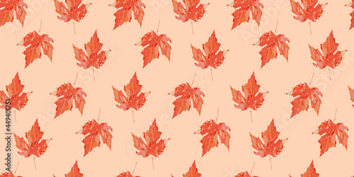 Orange maple leaf bright watercolor texture seamless pattern. Vector autumn fall background. Backdrop for Thanksgiving, Halloween, back to school banner, poster, textile, fabric, greeting card