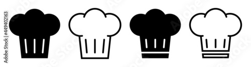 Chef’s hat icons black vector set. Isolated cook chef hat symbols on white background. Kitchen chef hats lines signs. Difficulty cooking recipe concept. Flat vector illustration.