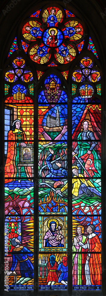 Stained-glass window depicting the weeping of the Madonna of Pötsch (1696) and the victory over Turkish army (1697). Votivkirche – Votive Church, Vienna, Austria. 2020-07-29