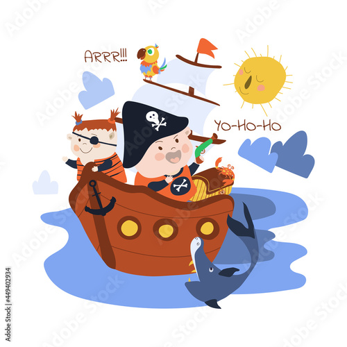 An evil pirate sails on a ship. Pirate with his friend and parrot sailing across the sea on a ship. Vector illustration in cartoon style on white isolated background. For printing postcards  posters