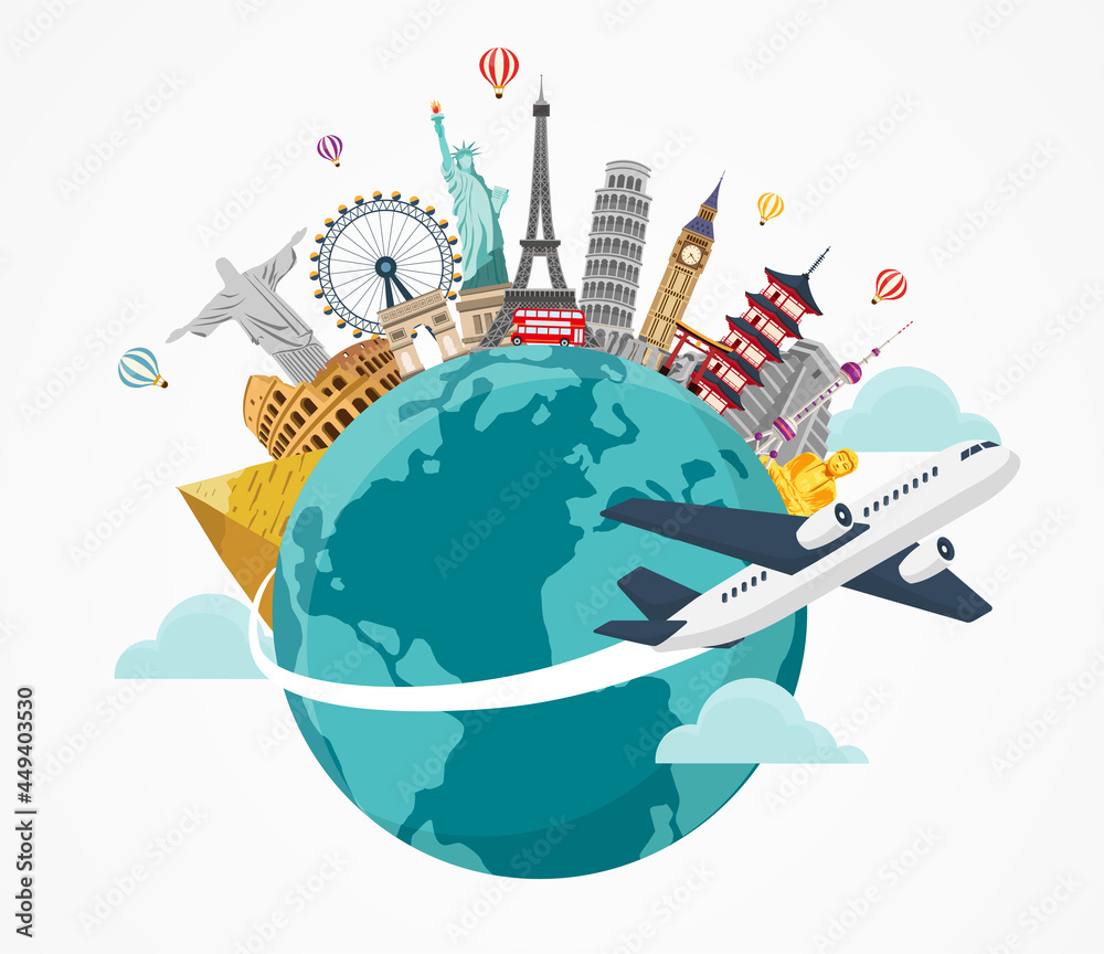 airplane and time to travel banner. travel around the world. landmarks on  the globe. Tourism trip concept. Journey in Vacation. Vector illustration  modern flat design. Stock Vector