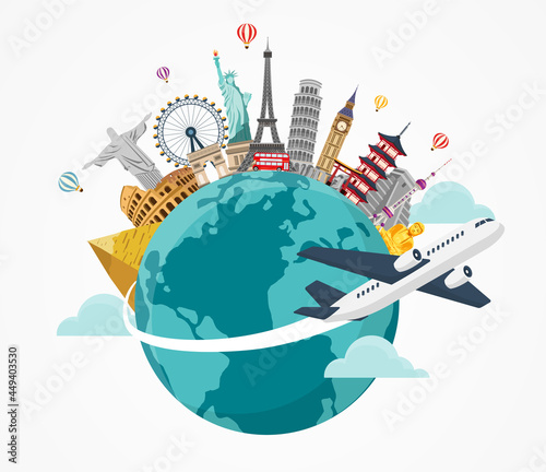 airplane and time to travel banner.  travel around the world. landmarks on the globe. Tourism trip concept. Journey in Vacation. Vector illustration modern flat design.