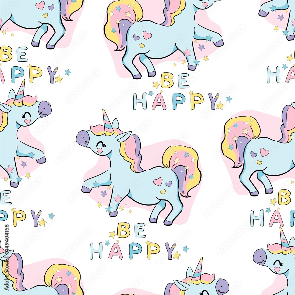 Hand drawn cute Unicorn, Pony Vector Seamless Pattern, Kids Print Hand drawn cute Unicorn, Pony Vector Seamless Pattern, Kids Print
