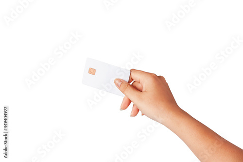 Closeup of female hand holding a plastic credit card, blank white credit card isolated on white background.Template of white blank credit card for your design, File with clipping path so easy to work.