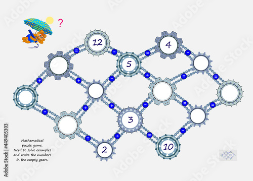 Mathematical logic puzzle game. Need to solve examples and write the numbers in the empty gears. Find solution so all equations are correct. Brain teaser book. Developing counting skills. Play online.