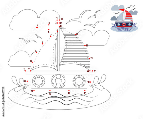 children's games. connect the dots. color. boat. sailor