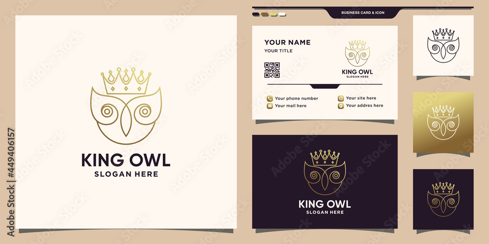 Owl and crown logo with golden linear style and business card